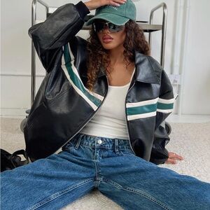 Princess Polly Black and Green Leather Jacket with Sporty Stripes